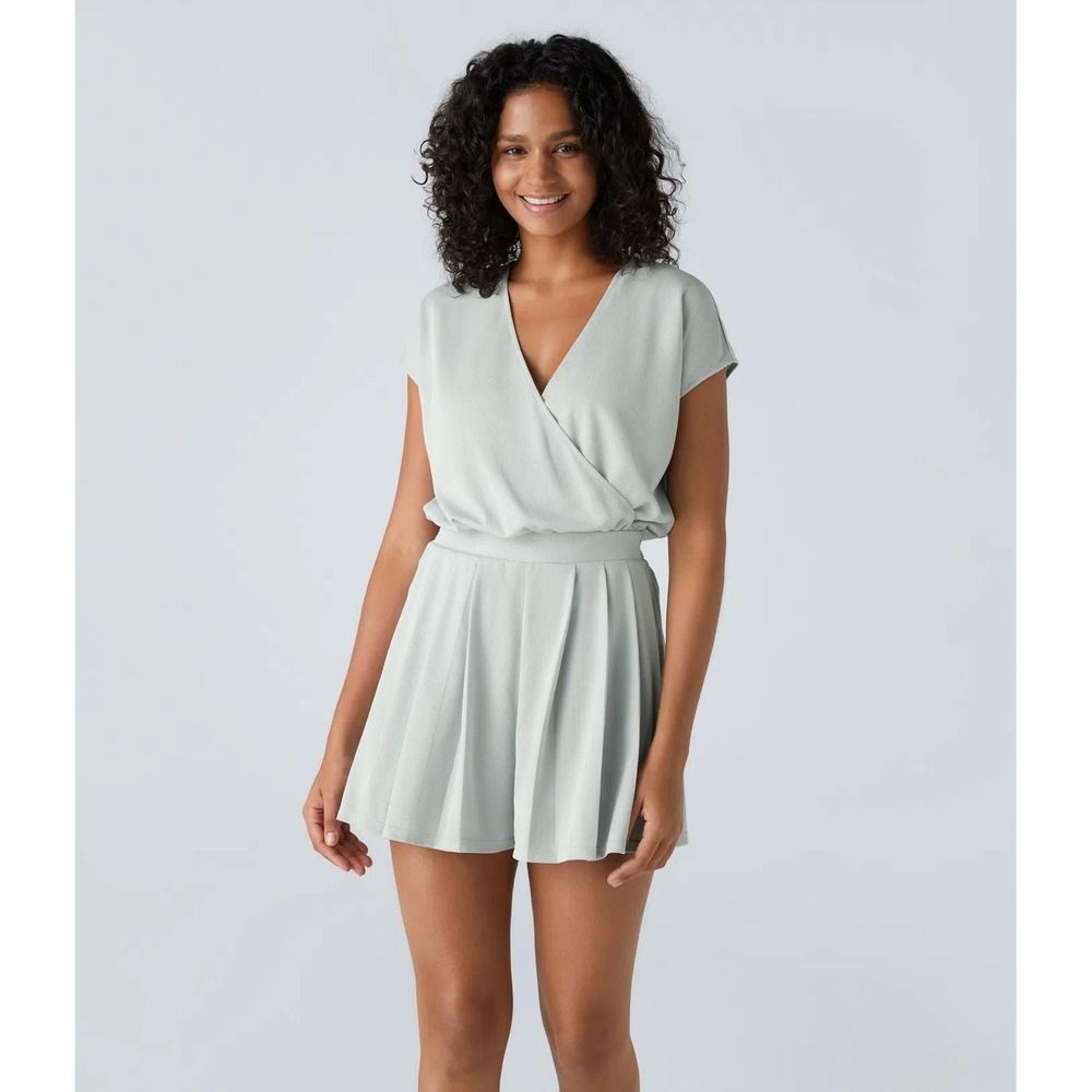 Halara Romper Womens Light Blue V Neck Pleated Skort Activewear Tenniscore L